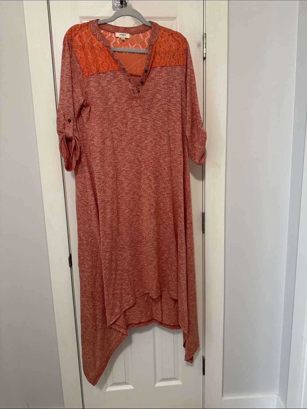 Umgee Rust Orange Lace Yoke Asymmetrical Hem Dress